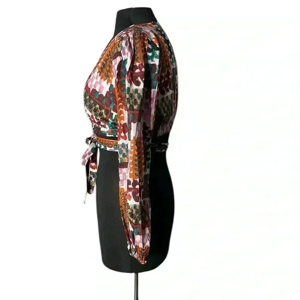 Anthropologie Singapore Abstract Tie Waist Multicolor Cropped Top Size 0 - Picture 5 of 8